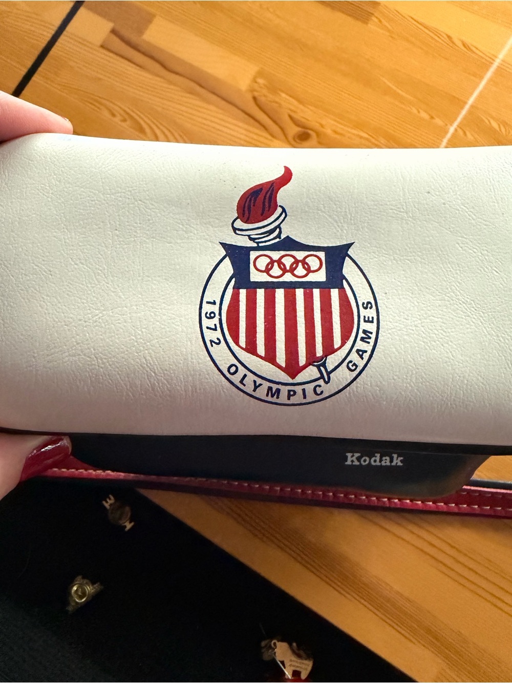 Vintage Kodak White Red Navy Olympic Shield Clutch or camera bag.